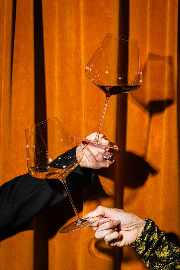 Two guests toasting with red and white wine in front of a velvet curtain