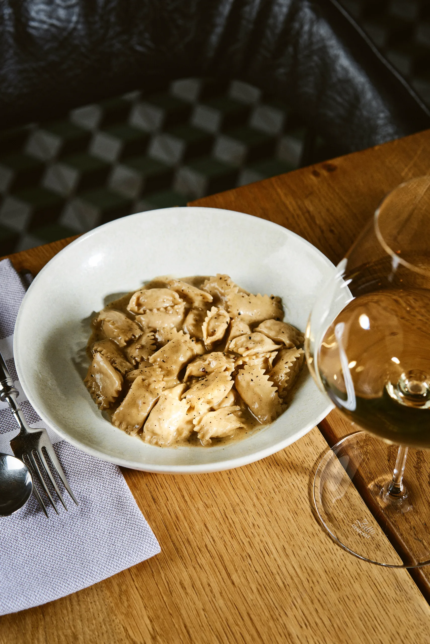 Ravioli Cacio e Pepe with braised veal